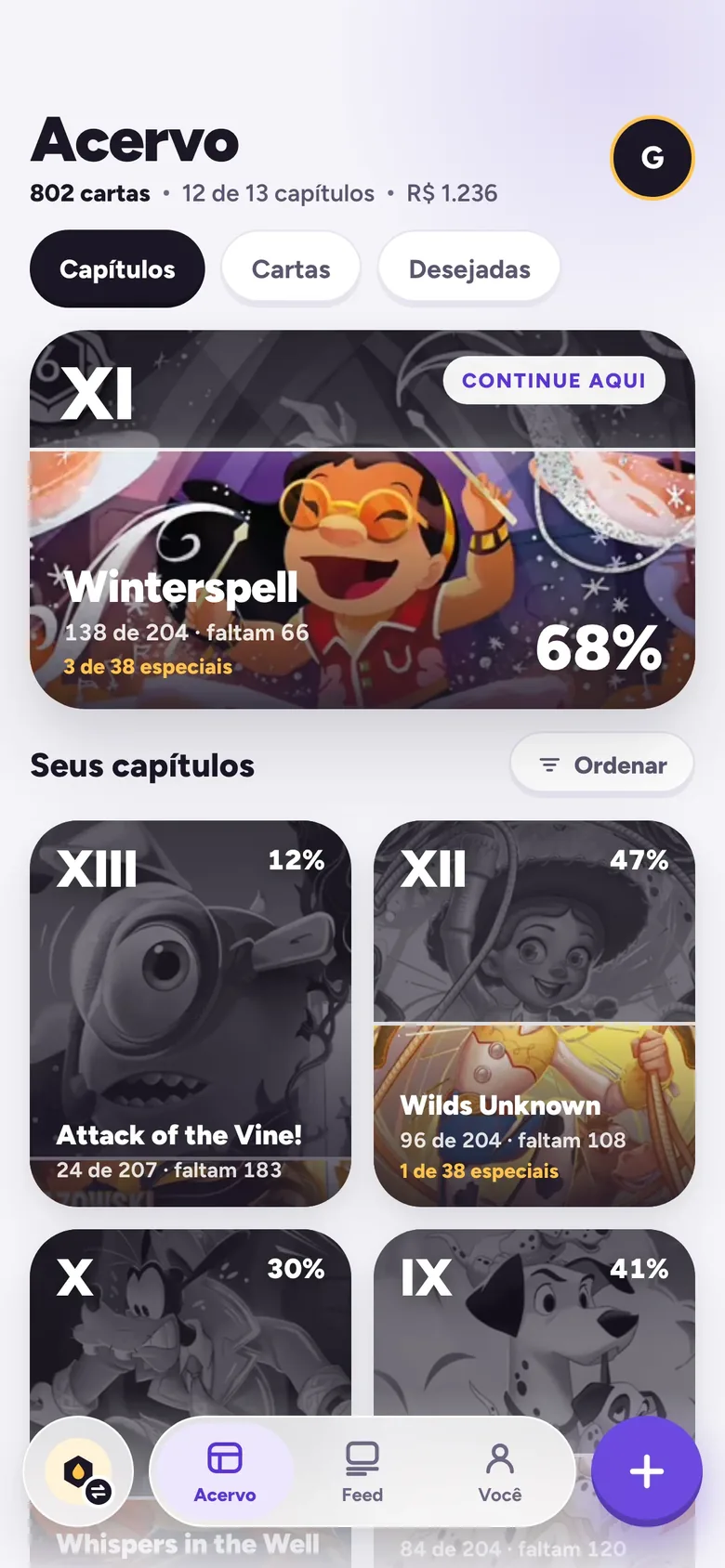 Exemplo ilustrativo de um acervo Lorcana no Match TCG; os dados da demonstração não representam um usuário.