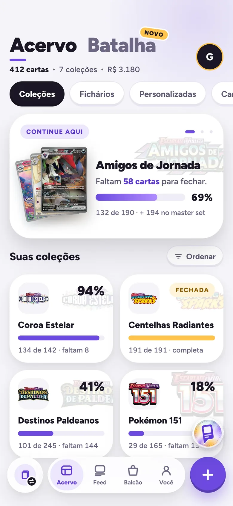 Exemplo ilustrativo de um acervo Pokémon no Match TCG; os dados da demonstração não representam um usuário.